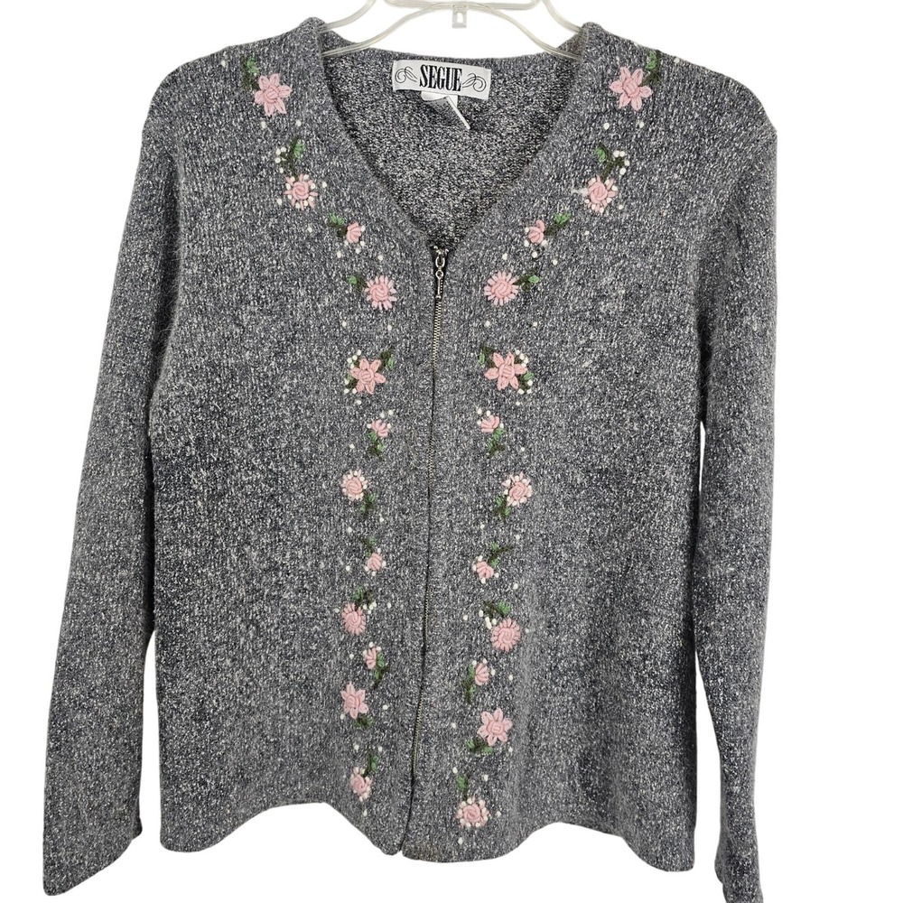 Segue Zip Up Cardigan Sweater Womens M Grey Pink Floral Embroidered‎ Angora Silk